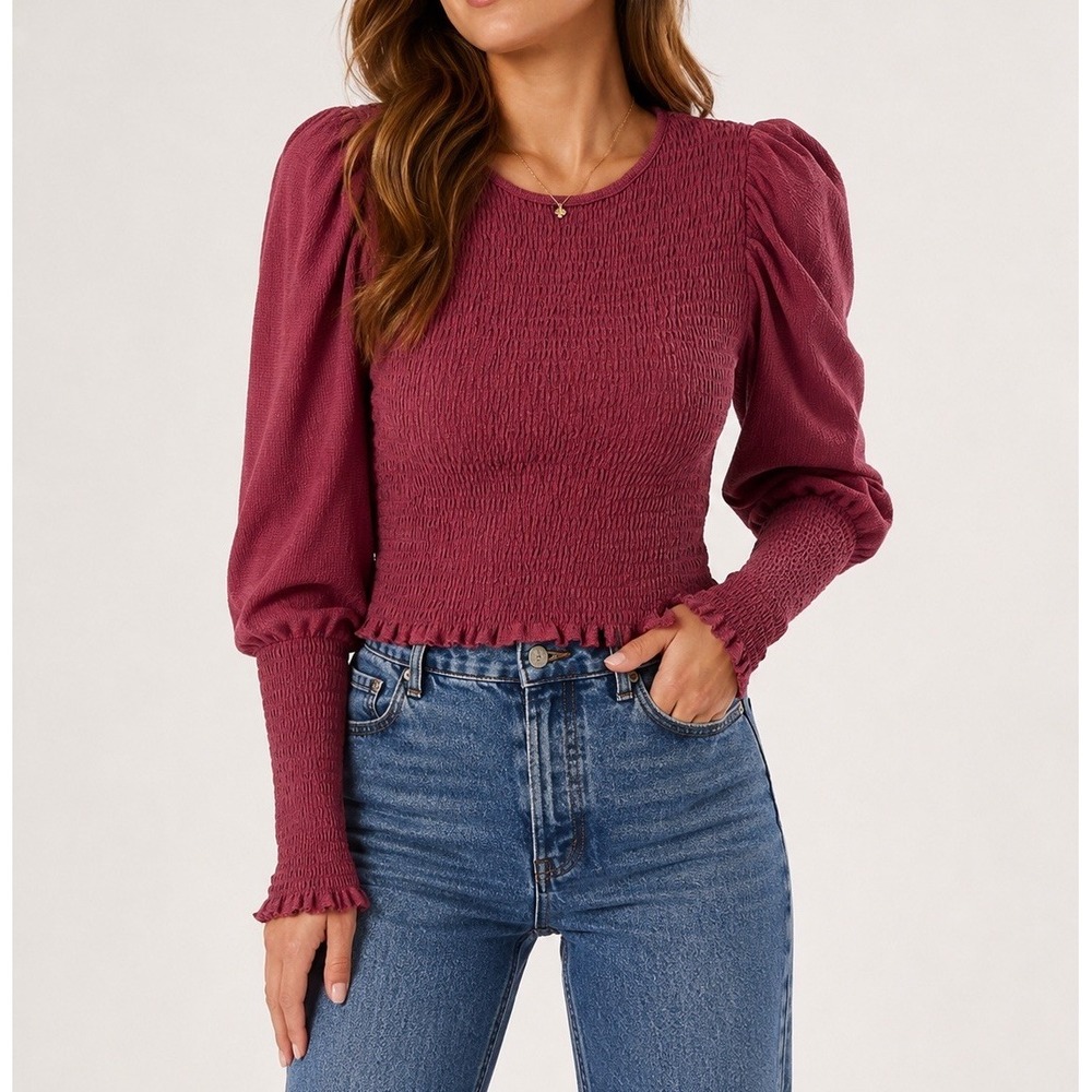 Anthropologie XS Smocked Puff Sleeve Top Burgundy Ruffle Romantic Boho Blouse